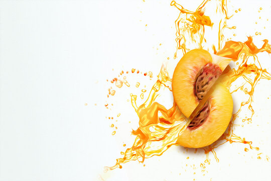 Cut peach fruit in splashes of orange juice top view. Concept for fruit background, food, freshness, billboard, poster. 3D illustration, 3D render.