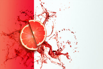 Cut grapefruit in splashes of red juice top view. Concept for fruit background, food, freshness, billboard, poster. 3D illustration, 3D render.