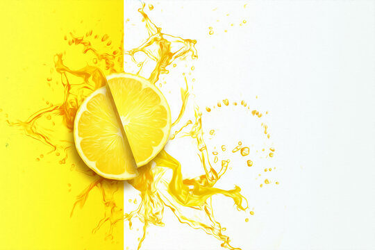 Sliced lemon in a splash of yellow lemon juice top view. Concept for fruit background, food, freshness. 3D illustration, 3D render.