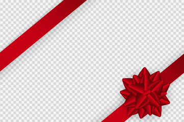 Realistic red bow and ribbon isolated on transparent background. Template for greeting card, poster or brochure.