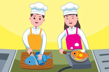 Chef Couple with vector illlustration. Flat design with cartoon characters.