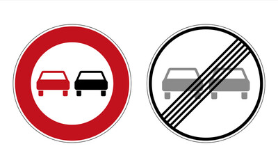 No overtaking for any vehicle type road sign and end of this ban. Vector illustration of red circular traffic signs with overtaking cars icon inside. Road signs used in Germany. No passing for car.