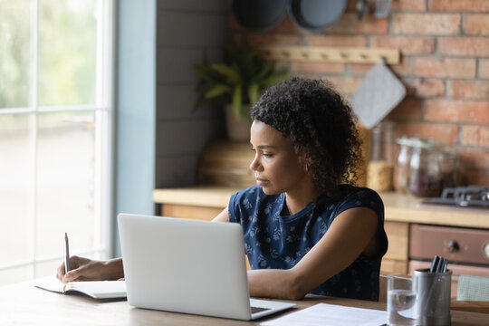 Focused Young African American Woman Writing Notes In Copybook Or Planning Business Deals In Paper Planner, Working On Computer. Concentrated Biracial Female Student Studying Distantly At Home.