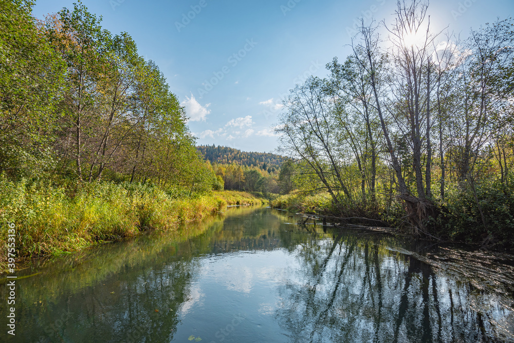 Wall mural autumn forest trees are reflected in the river water of the panoramic landscape. blue sky with cloud