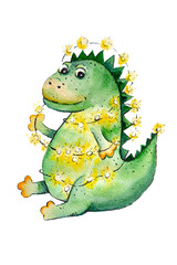 Postcard Happy New Year With a Dinosaur decorating himself with a garland