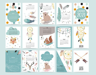Obraz premium Cute animal calendar 2021 with bear, feather, dreamcatcher for children, kid, baby.Can be used for printable graphic