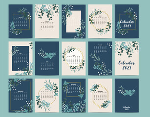 Cute calendar 2021 with leaf, flower, natural.Can be used for printable graphic - obrazy, fototapety, plakaty