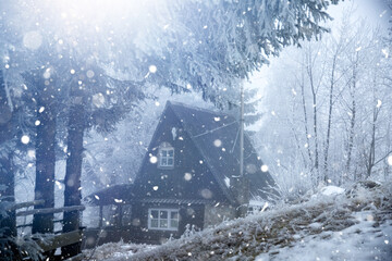 Dreamy winter landscape with small wooden hut in magic mist and snowfall.