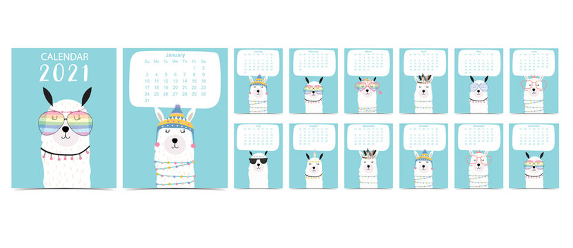 Doodle pastel calendar set 2021 with llama for children.Can be used for printable graphic.Editable element © piixypeach