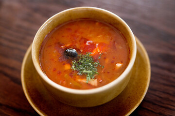 Dinner soup: broth, chicken, vegetable, meat. Georgian cuisine.