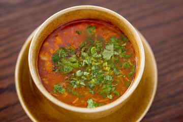 Dinner soup: broth, chicken, vegetable, meat. Georgian cuisine.