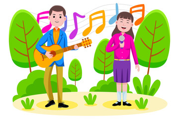 Couple singing and playing the guitar at the park with vector illlustration. Flat design with cartoon characters. Social Distancing.