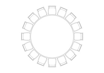 CAD drawing of round banquet table complete with single chairs around. The 2D image is black and white.
