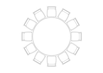 CAD drawing of round banquet table complete with single chairs around. The 2D image is black and white.
