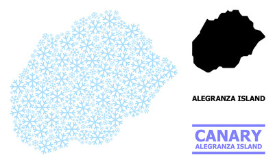 Vector mosaic map of Alegranza Island constructed for New Year, Christmas celebration, and winter. Mosaic map of Alegranza Island is constructed with light blue snow elements.