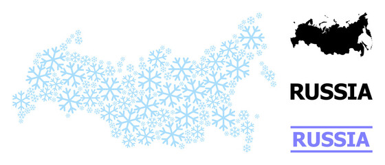 Fototapeta premium Vector mosaic map of Russia organized for New Year, Christmas celebration, and winter. Mosaic map of Russia is created with light blue snow elements.
