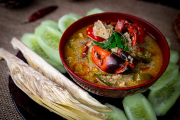 Thai local food called Field crab dipping source serve with fresh vegetable