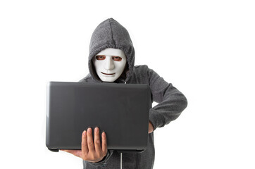 Professional hacker with mask isolated on white background