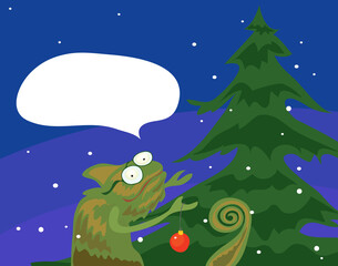 vector chameleon decorator decorate the tree with a red ball on a winter evening. with thoughts of evergreen