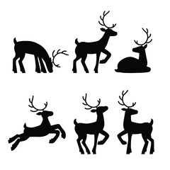 Different deer silhouettes. Cute cartoon reindeers in various poses. Can be used to create christmas designs, patterns, cards, logo design, etc.