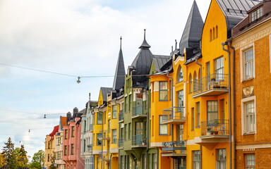 Multicolored facades of buildings in Helsinki, the capital of Finland, the traditional Scandinavian architecture