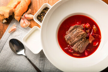 Traditional Russian borscht beef bones with meat