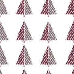 Seamless pattern of cute pink doodle Christmas trees on white. Symbol of Christmas, New Year. Hand drawn holiday winter clipart. Vector background for fabric, textile, gift wrapping. Scandi style.