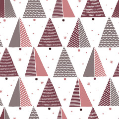 Seamless pattern of cute pink doodle Christmas trees and snowflakes on white. Symbol of Christmas, New Year. Hand drawn holiday winter clipart. Vector background for fabric, textile, gift wrapping.