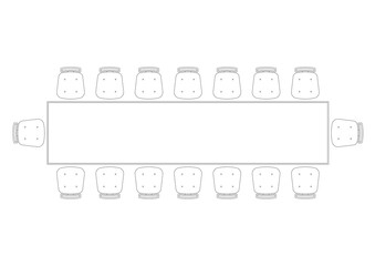 CAD drawing of square banquet table complete with single chairs around. The 2D image is black and white.