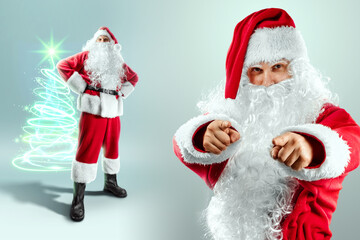 Portrait of a cheerful Santa Claus in a red suit carries a big bag, light background. Concept for christmas eve, vacation, holiday banner, new year. 3D illustration, 3D render.