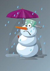 Unhappy snowman in the rain. Cartoon character with sad face, holding purple umbrella.