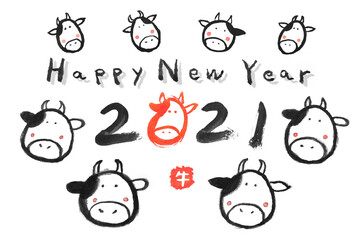 丑年 正月 水墨 年賀状 2021年 ベクター