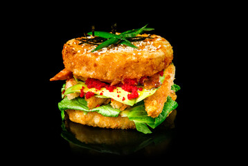 Hamburger with cheese and shrimp. Japanese food