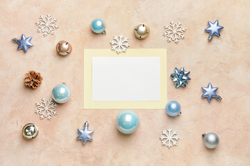 Obraz na płótnie Canvas Beautiful Christmas composition with blank card on color background