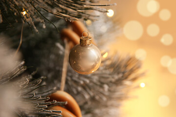 Beautiful Christmas tree with decor indoors, closeup