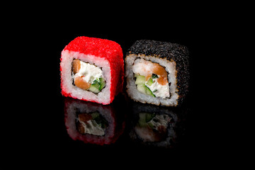 Roll with red caviar tobiko. Japanese food