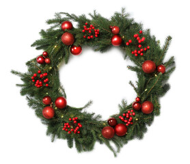 Fototapeta na wymiar Beautiful Christmas wreath with festive decor isolated on white, top view
