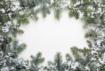 Beautiful Christmas tree branches with snow on white background