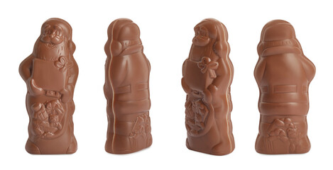 Chocolate Santa Claus on white background, views from different sides. Banner design