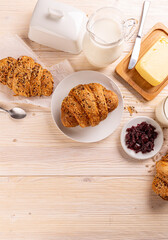 Delicious breakfast with fresh croissants