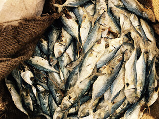 Dried or preserved fish on display in the market. Dry seafood is popular cooking ingredient in many coastal cities of India.