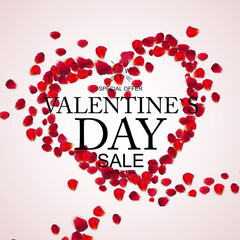 Valentines Day Sale, Discount Card with Rose Petals. Vector Illustration