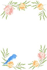 優しいタッチの幸せを運ぶ運ぶ青い鳥と薔薇と勿忘草とユーカリのフレーム