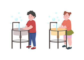 Kids wash hands with soap flat color vector faceless character set. Children rinsing and rubbing hands for precaution isolated cartoon illustration for web graphic design and animation collection