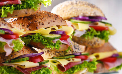 Ham and cheese sandwiches displayed for sale