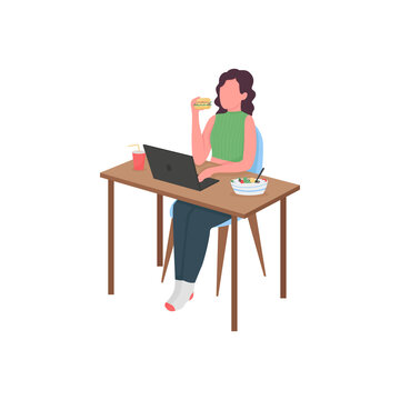 Woman eating at computer desk flat color vector faceless character. Dinner break. Girl at laptop table with food. Busy with work isolated cartoon illustration for web graphic design and animation