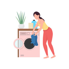 Woman doing laundry flat color vector faceless character. Clean clothes from washing machine. Housekeeping. Housework isolated cartoon illustration for web graphic design and animation