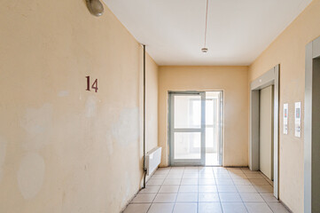 public place, house entrance. doors, walls, staircase corridors