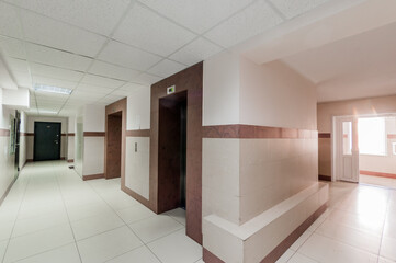 Russia, Moscow- April 17, 2020: interior public place, house entrance. doors, walls, staircase corridors