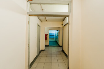 Russia, Moscow- April 17, 2020: interior public place, house entrance. doors, walls, staircase corridors